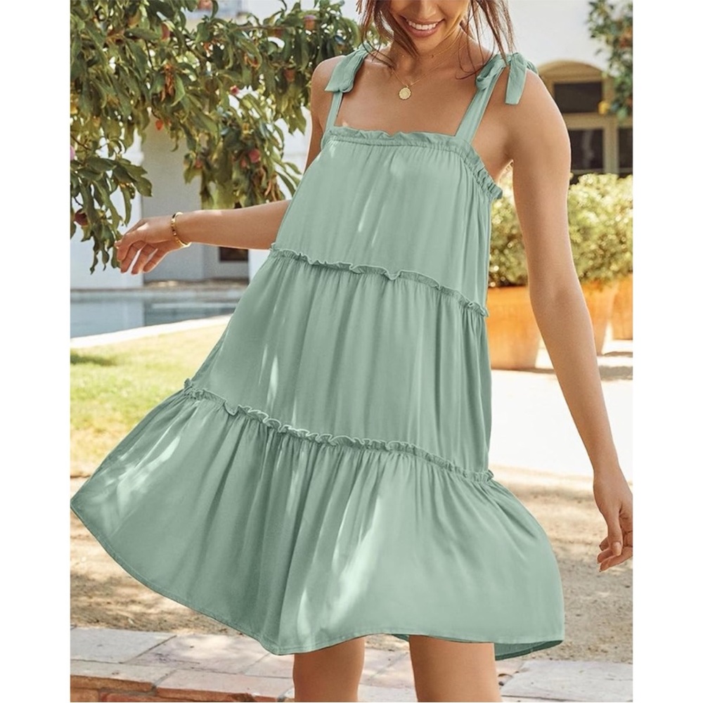 Kaileigh Mint Seafoam Green Tie Strap Ruffle Flowy Babydoll Mini Dress L